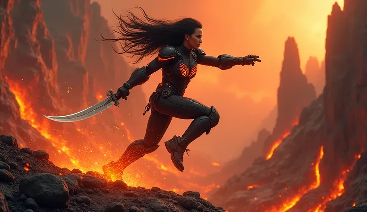 On a volatile volcanic plateau, rivers of molten lava carve fiery paths through jagged obsidian cliffs under a roiling crimson sky. Ash and embers swirl in the heated air, glowing faintly. The cyborg warrior springs into action, her amber eyes locking onto...