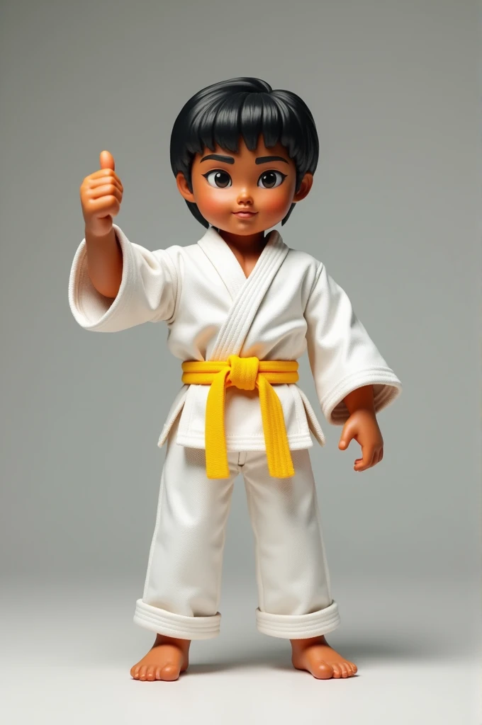 Create me a karate doll yellow belt black hair half brown skin making a fist with a thumb up