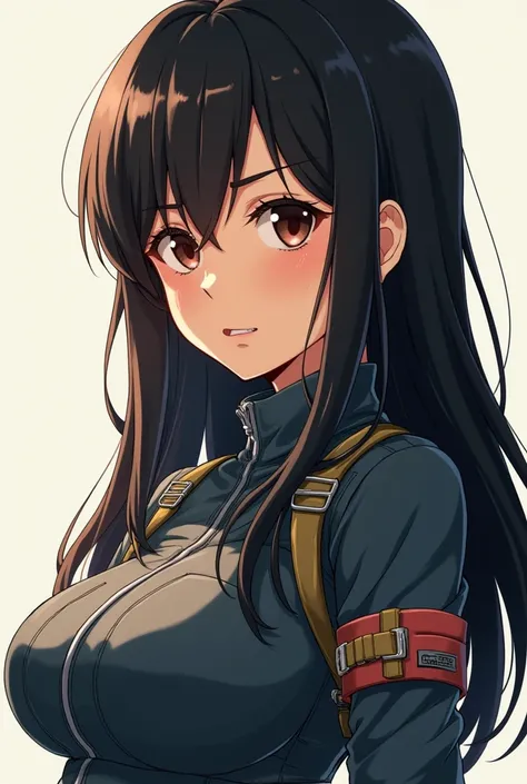 Create the image of an anime-style girl with light brown skin in a light tone wearing a tight aviator uniform and the hat in one where she has long black hair and slightly stiff dark brown eyes, Serious and a small evil smile on the side  