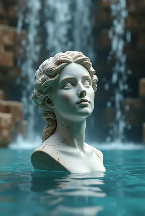 a broken marble bust of a woman up to her chest in water and streams of water flow from above in minecraft style