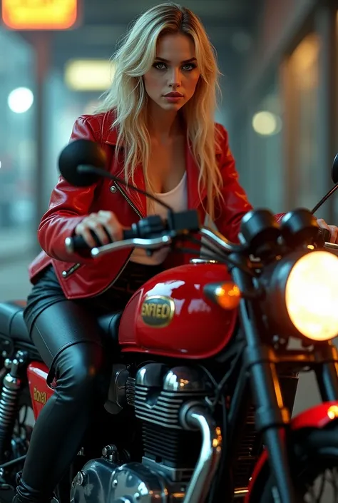 Gorgous girl shiney golden hair wet hair publishing hair luxuriant eye lashes glossy lips delicate nose, makeup realistic photo highly detailed description 20years old girl leaning front of the motorcycle, classic royal Enfield metalic Red and black colour...