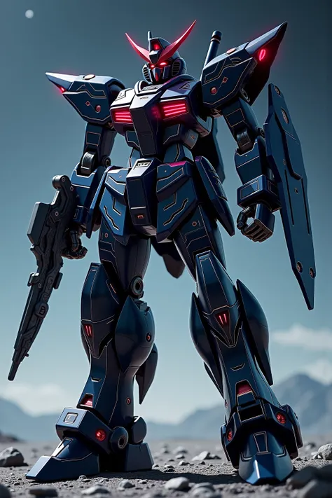 Gundam is a towering, ominous mech, embodying the fusion of futuristic technology and sleek, predatory design. Standing over 20 meters tall, its black, blue, and white armor gleams with a polished, almost liquid-like finish, reflecting the light in subtle ...