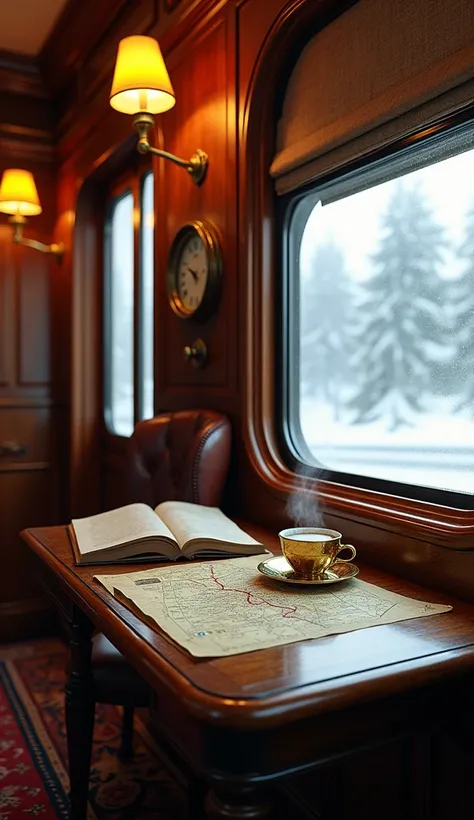 Imagine an ultra-realistic, richly detailed scene inside a luxurious, ornately decorated train. The cabin is warm and inviting, with polished wooden panels that reflect the soft glow of vintage brass sconces mounted on the walls. A large, leather-bound boo...