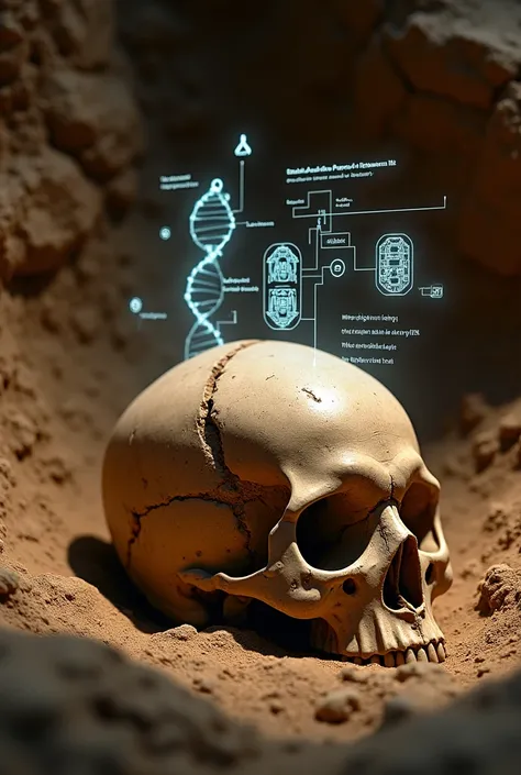  An archaeological site with a partially unearthed human skull,  illuminated by a faint light and a sepia filter . On the fossil ,  holograms of DNA chains and technological diagrams float ,  suggesting a connection between the ancient and the artificial ....