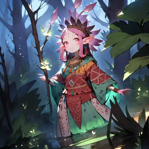 A humanoid creature a pink axolotl salamander with white spots. She has delicate features , outer ears that resemble the gills of an axolotl , big expressive eyes , and long hair that mixes with gills . Her skin is slightly translucent , with a moist ...