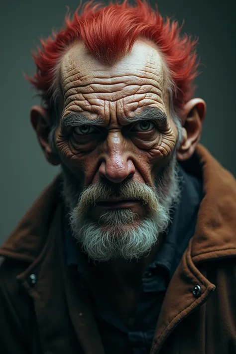 Old man with striking features of a painful life with red-colored hair 