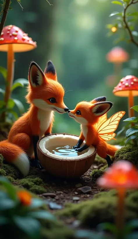 "A magical forest scene featuring a curious fox and a tiny fairy with butterfly-like wings. The fox is peering into a halved coconut filled with water, while the fairy gently touches the foxs nose. The surroundings include glowing mushrooms in vibrant red ...