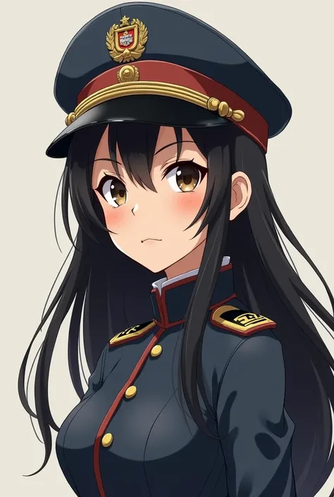 Create the image of an anime-style girl with light-colored brown skin in a tight aviator uniform and a good military aviators hat in one where she has long black hair and slightly stiff dark brown eyes, Serious and a small evil smile on the side  