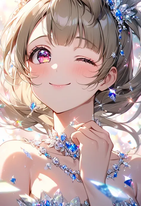  top quality, ), beautiful女性 , elements. well-groomed face from a sense of distance、 shy expression、smile( heart in eye、 closes one eye)、 Ultra High Definition,  high definition model、 Minami Kotori, love live、 sexy、look up, high detail、 Glitter Effects、be...