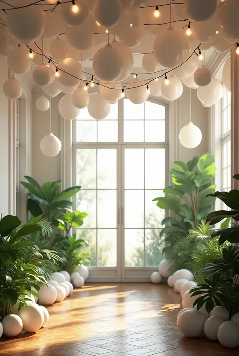 Room with lots of white balloons on the ceiling  ,  lights that come down from the ceiling ceiling and green plants in the room with parquet floor 