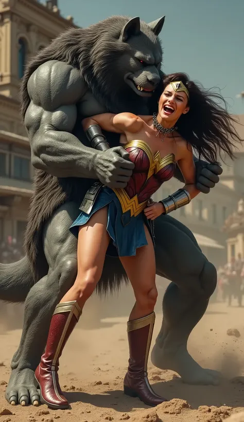 Gal Gadot is Wonder woman, ((fighting with the Steppenwolf)), Wonder woman is seized by a huge body fierce Steppenwolf and standing on the dirt, ((leather fabric skirt:1.8)), dirty body, bright white skin, brown hair, ((bound arms by chain behind her back)...