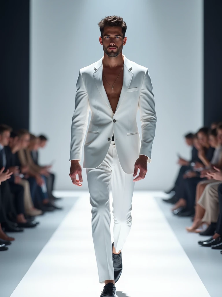 fashion model,solo,male focus,wearing a white fashion suit,watching the audience,walking on the runway of the Paris fashion show