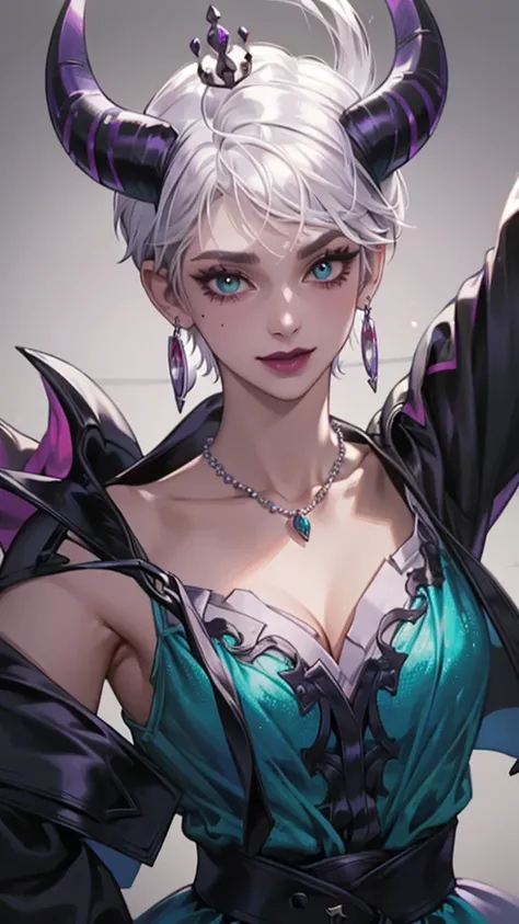 8k, masterpiece, best quality, highly detailed, 1 girl, devil, demon horns, warlock, pixie cut, white hair, multicolored hair, very short straight hair, red highlight hair on white hair, stippled hair, wearing glasses, round glasses, earrings, red eyeshado...