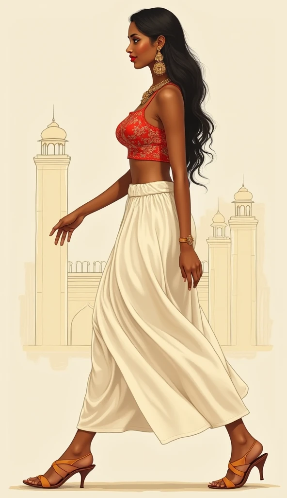 minimalist vintage illustration, side view, full body portrait of a gorgeous voluptuous big busted indian woman walking, from indian subcontinent, full red lips, brown skin, indian ornaments, smooth long hair,  sheer light  pants, indian palace outline bac...