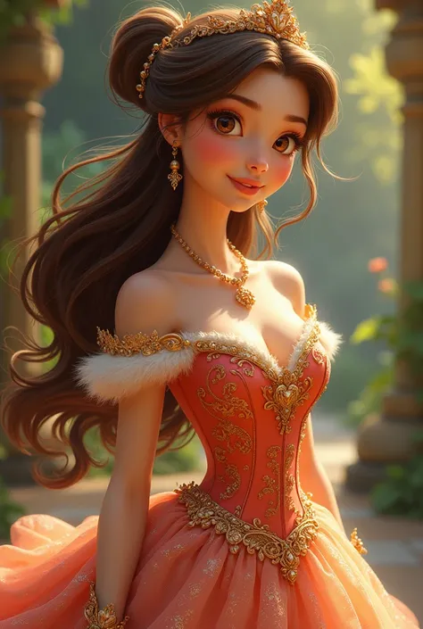 New Disney princess with brown hair, in an embroidered dress, with hair in a bun and brown eyes
