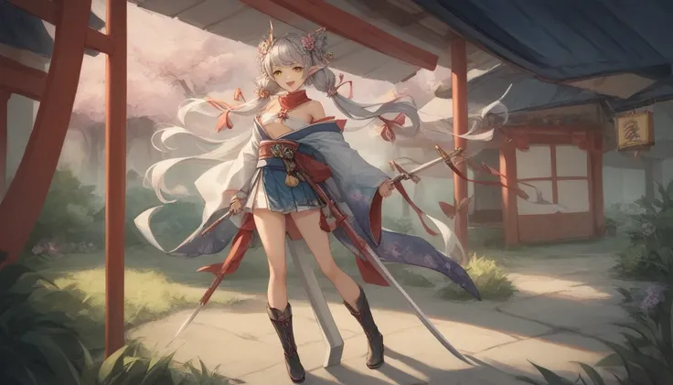 (masterpiece,  top quality), Im looking at an old Japanese town ,  1 girl , chest, Fenris、Sex hot 、Wolf Girl、 pointed ears, arms, flower,  hair decoration ,  clevis,  hair flower ,  twin tails,  open mouth, smile,  skirt, Great Sword-arms,  boots, , ((( Ja...