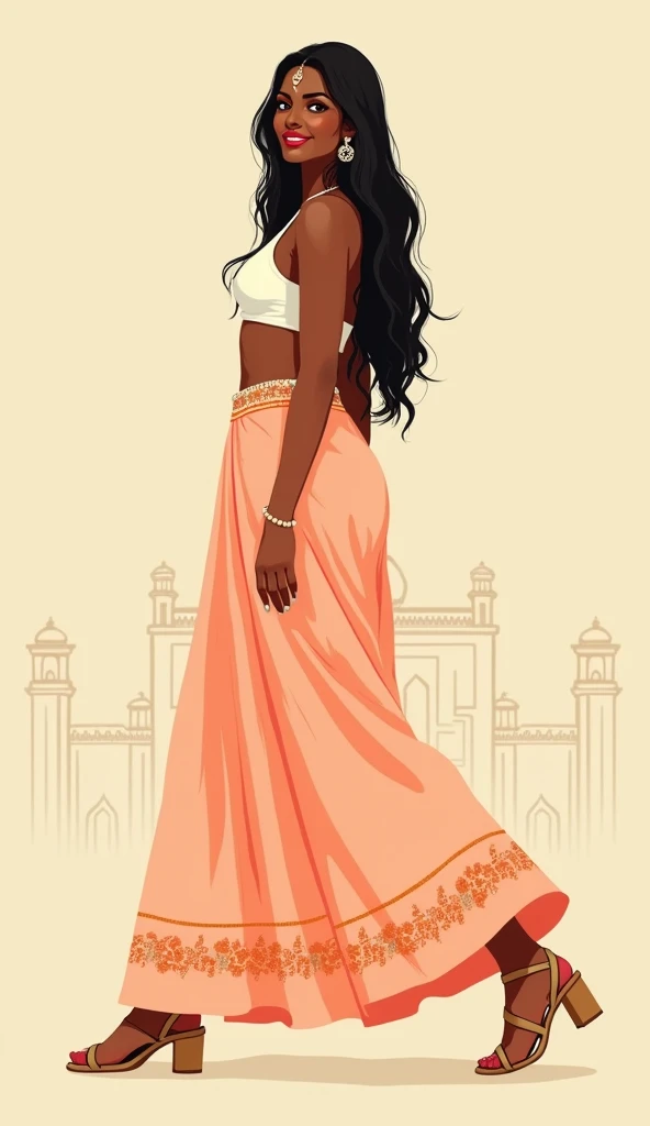 minimalist vintage illustration, side view, full body portrait of a gorgeous voluptuous big busted indian woman walking, from indian subcontinent, full red lips, brown skin, indian ornaments, smooth long hair,  sheer light pink and orange pants, indian pal...