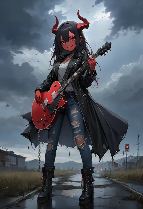 (masterpiece, best quality),A devil girl standing at a (quiet crossroads).crossroad, bright red skin,black hair, she has sharp demon horns. (beautiful face,nihil smile) ,bad smile. devilish vibes and rock style, and wears a black leather jacket and distres...