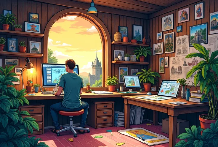 "  Detailed illustration of the studio of a cartoonist  , The artist does not appear in the image  ,  full of comics and sketches  ,  with a vibrant and colorful artistic style that reflects the creative essence of Moratha  .  The scene must include mediev...