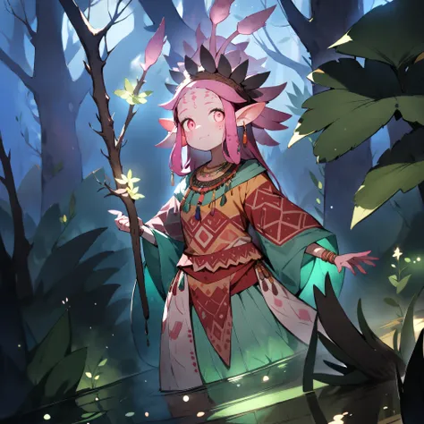 A humanoid creature a pink axolotl salamander with white spots. She has delicate features , outer ears that resemble the gills of an axolotl , big expressive eyes , and long hair that mixes with gills . Her skin is slightly translucent , with a moist ...