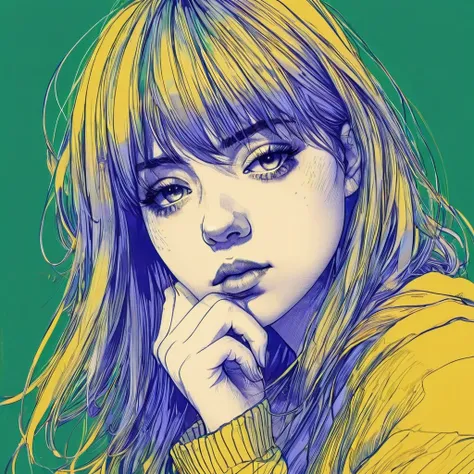 Top Quality, Digital Illustration, Artwork,manga: 1.23, genuine: 1.1, ((Simple ballpoint pen drawing of a girl with a melancholy appearance with chin in her hand)), lyrical atmosphere, exquisite and precise strokes, expressionism, Blunt bangs, medium hair,...