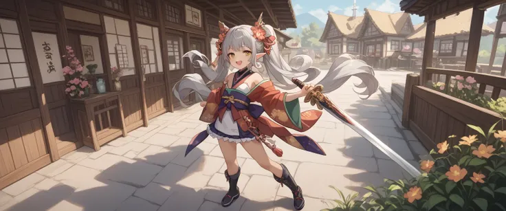 (masterpiece,  top quality), Im looking at an old Japanese town ,  1 girl , chest, Fenris、Sex hot 、Wolf Girl、 pointed ears, arms, flower,  hair decoration ,  clevis,  hair flower ,  twin tails,  open mouth, smile,  skirt, Great Sword-arms,  boots, , ((( Ja...