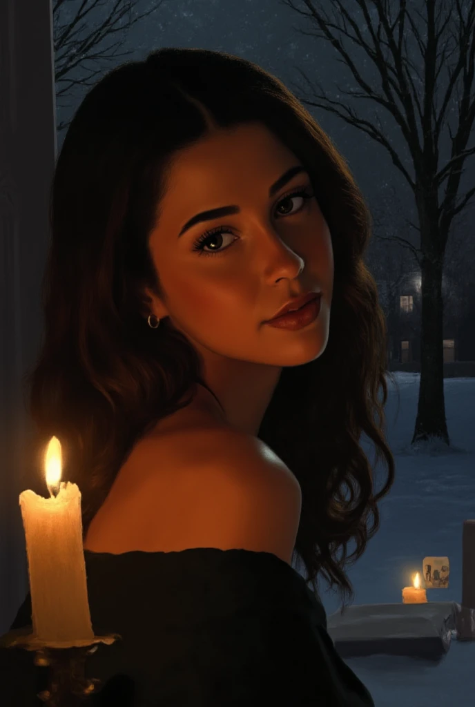 a beautiful woman in a winter night scene, looking over her shoulder with a soft, alluring gaze, warm candlelight illuminating her face, 1girl, detailed face, beautiful detailed eyes, beautiful detailed lips, extremely detailed eyes and face, long eyelashe...