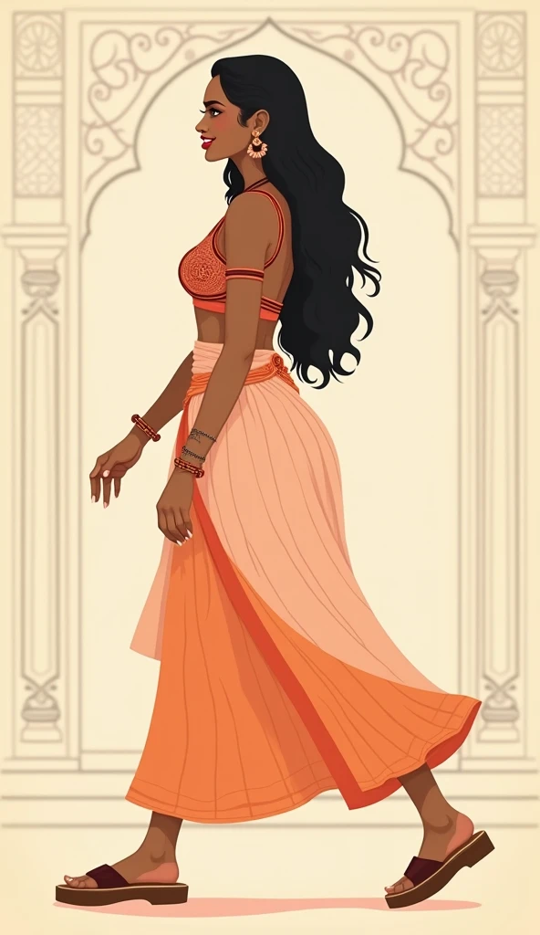 minimalist vintage illustration, side view, full body portrait of a gorgeous voluptuous big busted indian woman walking, from indian subcontinent, full red lips, brown skin, indian ornaments, smooth long hair,  sheer light pink and orange pants, indian pal...