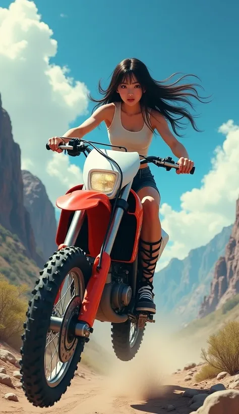  Japanese woman with a viewing angle of、 tank top in front of urinal、 Im not wearing a helmet、Long straight hair、 riding a 、Strong-willed eyes、 motocross motorcycle that is both healthy and sexy、Im jumping on a rocky area of the mountain 、Aerial、From below...