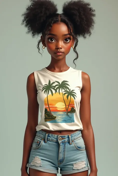 
 A young black woman with straight skin ,  with delicate and expressive features .  Her eyes are large and deep ,  radiating intelligence and a touch of mystery ,  with arched and well-outlined eyebrows that intensify the look. your hair is voluminous,  a...