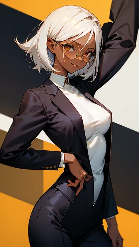 1 Female, adult, dark skinned women,Naked、nipple、 long white short hair, hair over the ears, golden eyes, glasses, black business suit, black tailored jacket, white shirt, black pantsuit, office background, malicious smile, sharp eye, collarbone, armpit,