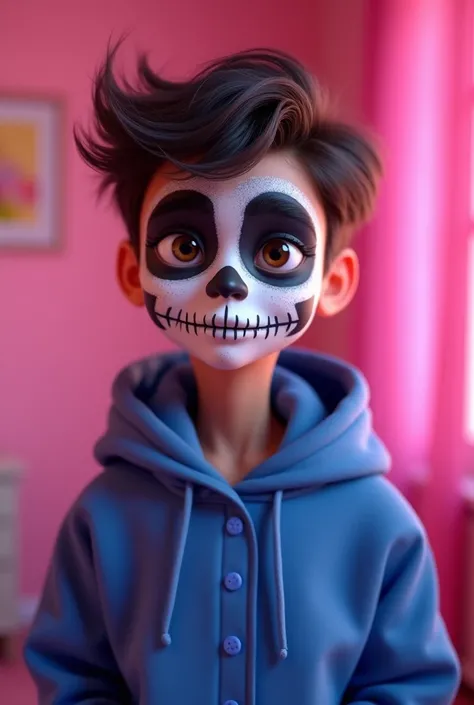 Create a Disney Pixar-style photo of a not so thin teenager  ,  wearing a closed blue jacket and his face painted with a skull painted white with black normal brown eyes and the background is a pink room 