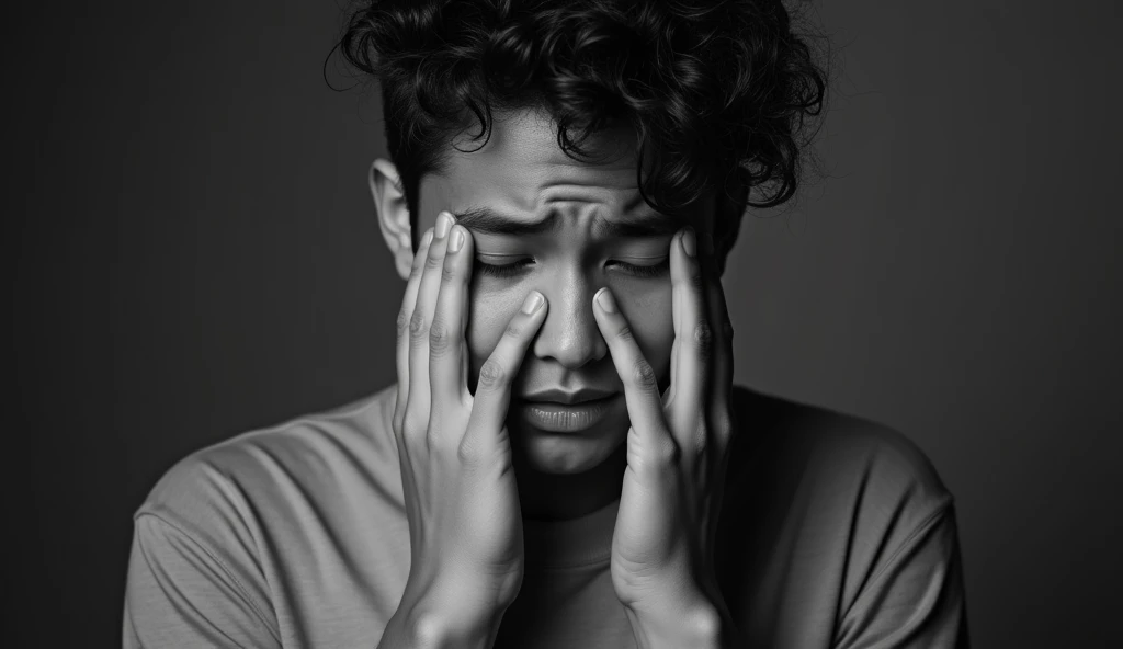 A young man crying a little. Black and white photo.