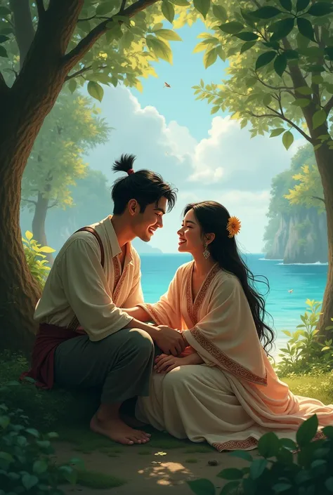 The legend of the sangkuriang . for a man as a sangkuriang and a woman as her mother. for them in the forest , sits on the blanket of the sea  , smiling,Laughing in front of the camera 