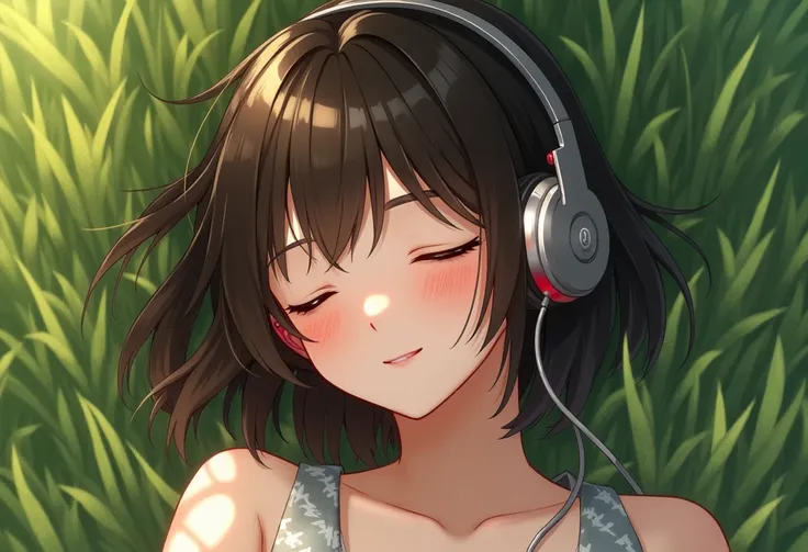 Shiny Brown Hair , short hair, ( closed eyes, fine grain)、smile、 has a very detailed face , ((( Masterpiece , best quality , high definition , 超 high definition , pixel perfect, written boundary depth , 4K, RTTX10.0))), 1 girl, Lie in the grass and sleeps,...