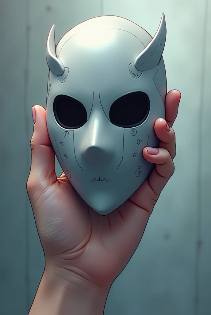  colorless anbu mask in human hand, anime style like naruto 