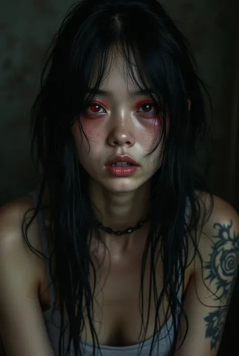 asian girl with long black hair, red eyes and dark circle around the eyes.
looks like a cocaine addict with tattoos  on her arms and neck