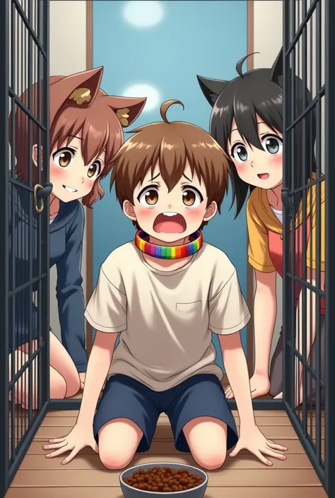 A group of young anime girls force a boy with brown short hair to dress up as a dog. They lock him in a dog cage and he’s down on his hands a knees bawling his eyes out. He has a rainbow collar on. He is eating dog food out of a bowl.