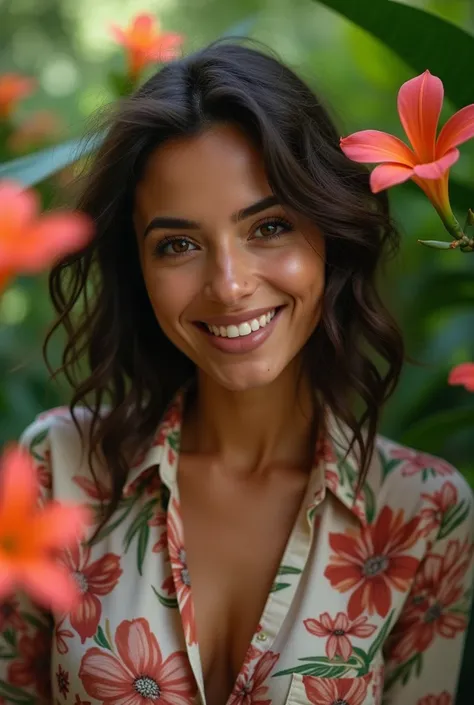  A Brazilian woman in a lush tropical garden,  wearing an open shirt with floral print ,  with a close up capturing the harmonious beauty between her breasts and natural flowers,  showing your natural charm and outgoing personality.