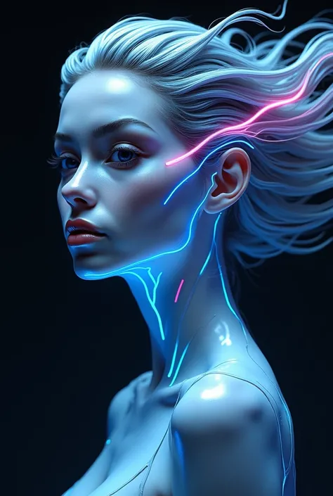 This image features a stylized, digital portrait of a woman with a striking and futuristic aesthetic. The womans face is characterized by sharp, clean lines and a monochromatic color scheme that predominantly uses shades of blue and silver, giving her an o...