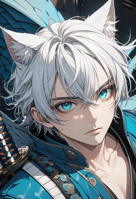 adult guy, short white hair, cat ears, turquoise eyes, dark blue leather coat, katana, one angel wing, one demon wing, Masterpiece, best quality, Full HD, 8k, ultra details, great graphic, anime style, 2D, detailed eyes, beautiful eyes, beautiful face, bea...