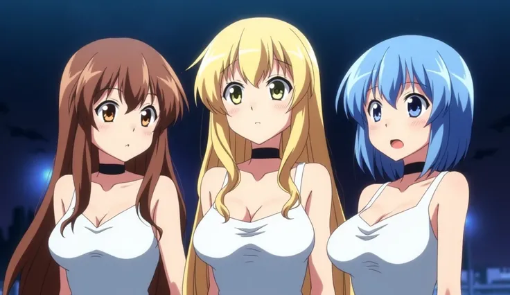 Image is a vibrant anime-style illustration featuring three female characters with distinct appearances. The character on the left has long brown hair, light skin, and a concerned expression, she has very big breasts,  wearing a white sleeveless dress with...