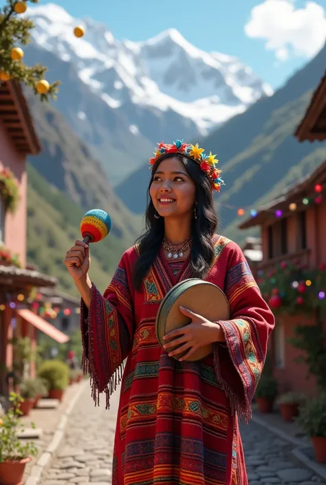  Create a realistic image of ren at a typical Christmas in the Venezuelan Andes, where they wear ponchos and have instruments like maracas , tambourines  