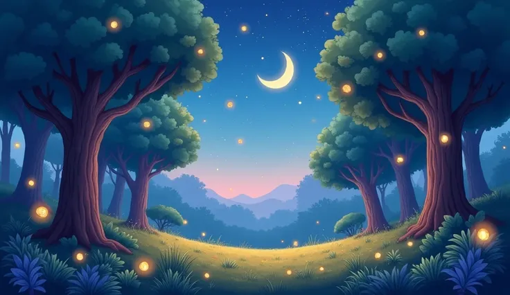 Stable Diffusion Image Prompt:
"A whimsical forest clearing at night illuminated by glowing fireflies dancing in the air. The scene is filled with soft pastel tones of blues, purples, and golds. The crescent moon and stars twinkle softly above, while trees...