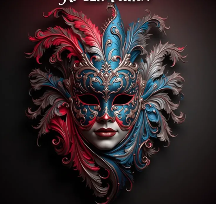  create an image of a harlequin mask or a Venetian mask that looks complete, bottomless,  that has vibrant colors such as red ,  blue and silver ,  that looks elegant ,  an elaborate design ,  striking colors and geometric patterns  ( like diamonds )  and ...