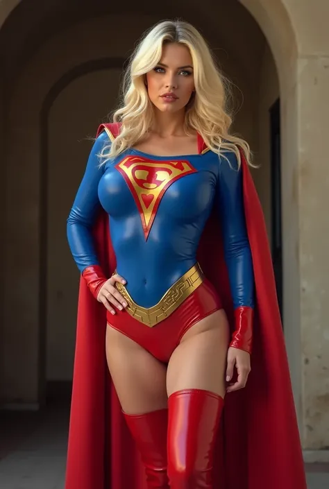 Create a masterpiece portfolio image of Catalina Cruz the pornstar dressed in a 1980’s supergirl costume. Blonde hair. Give her huge 50gg sized silicon canon tits. Cleavage showing. Voluptuous silicon breasts cup size 50gg. Breasts pushed together and larg...