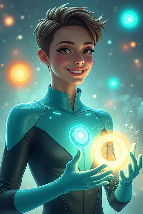 A young adult superhero, around 25 years old, with a confident yet friendly expression, creating multiple glowing portals at once. Their face exudes maturity, with a warm, inviting smile and features that radiate trust and reassurance. Their costume is sle...