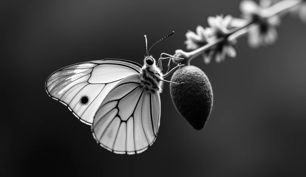 A photo of a butterfly in the process of transforming from a chrysalis into a butterfly. Black and white photo.