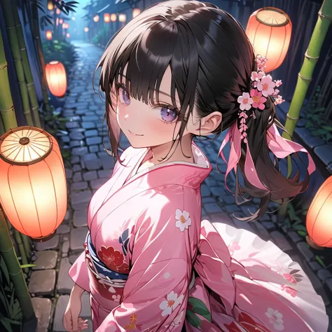 whole body、 black hair、 low ponytail、 dark eyes、 white and pink floral yukata、（ skirt flip）、（ white panties）、smile、 small breasts、Bamboo forest lanterns at night 、Cobblestone Street,( white panties),( perfect anatomy ),( best quality), ( ultra hi-res), ( h...