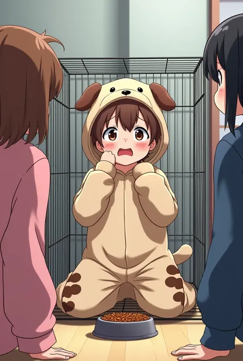 A group of young anime girls force a boy with brown short hair to dress up in a dog onesie. They lock him in a dog cage and he’s down on his hands a knees bawling his eyes out. He is actively eating dog food out of a bowl.